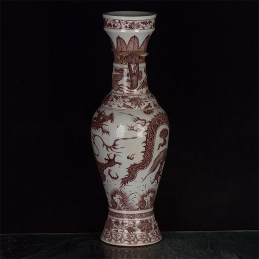 Chinese antique Yuan glazed red dragon patterned double elephant ear to regular bottle