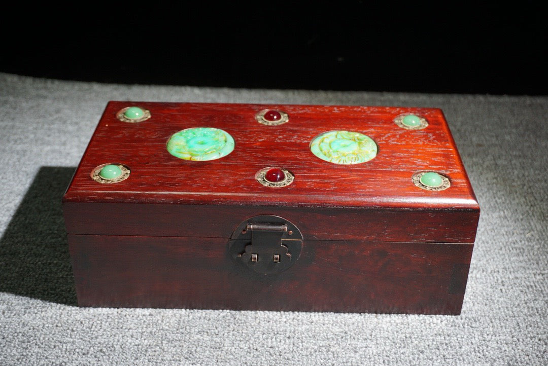 Chinese antique rosewood inlaid gemstone box