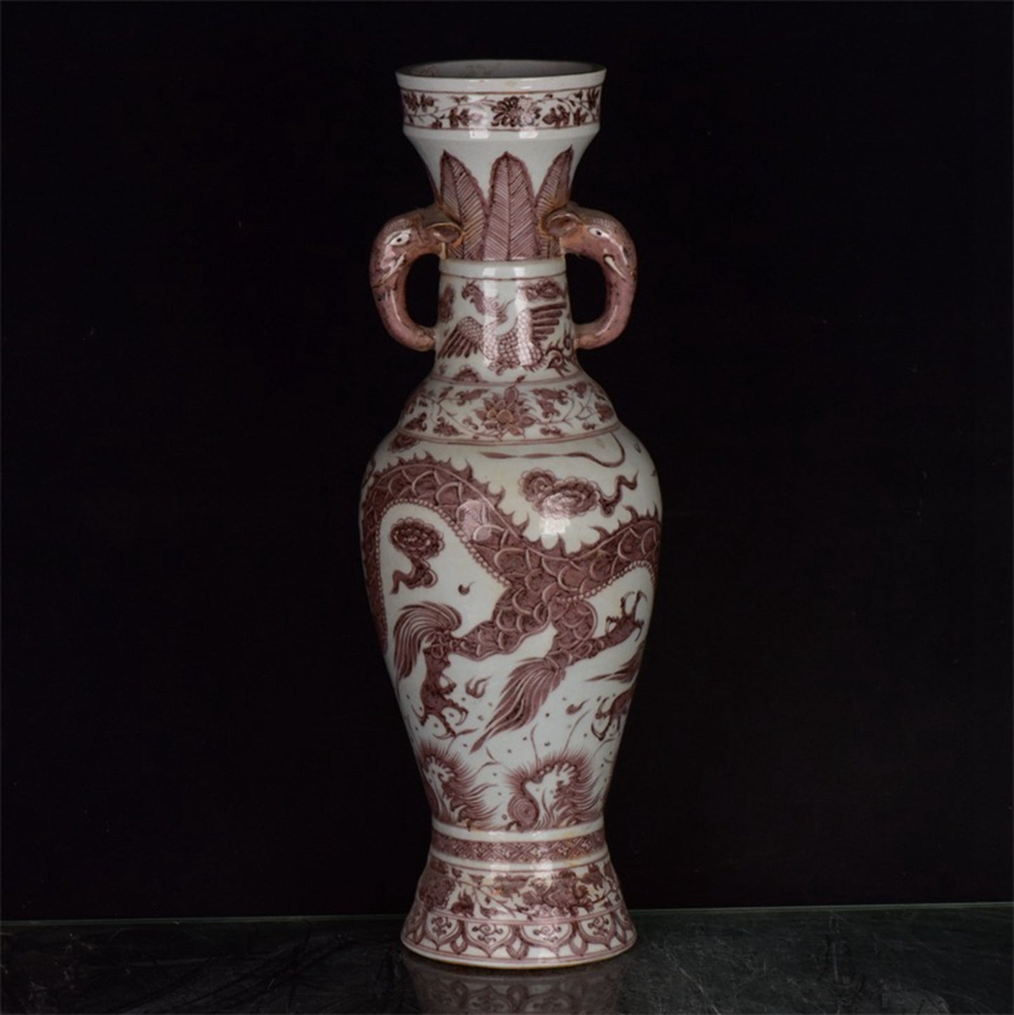 Chinese antique Yuan glazed red dragon patterned double elephant ear to regular bottle