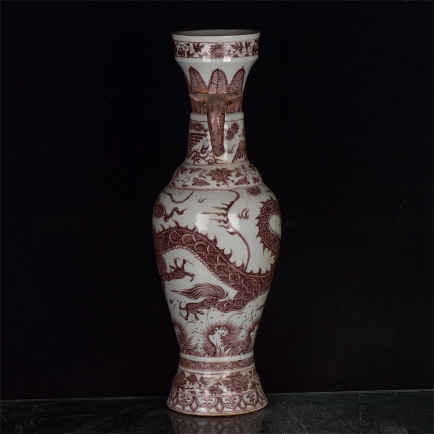 Chinese antique Yuan glazed red dragon patterned double elephant ear to regular bottle