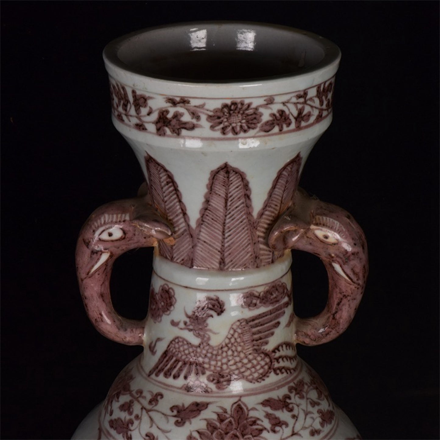Chinese antique Yuan glazed red dragon patterned double elephant ear to regular bottle