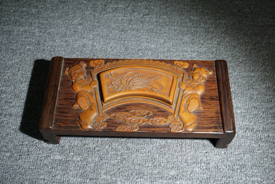 Chinese antique ebony inlaid bamboo spring ink bed