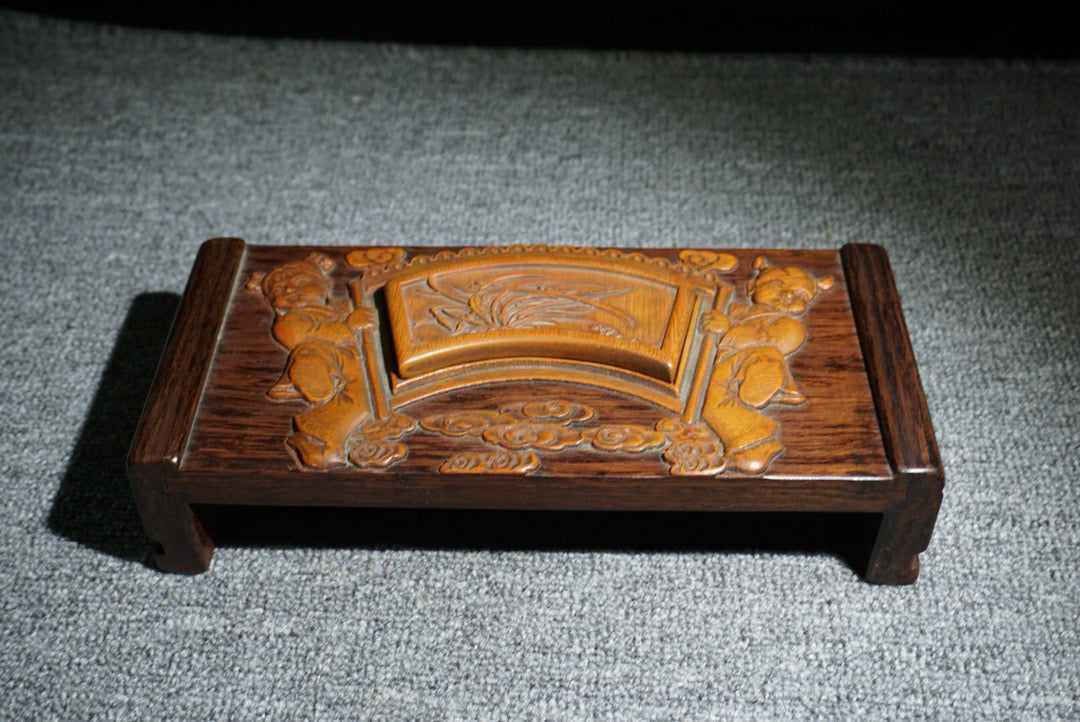 Chinese antique ebony inlaid bamboo spring ink bed