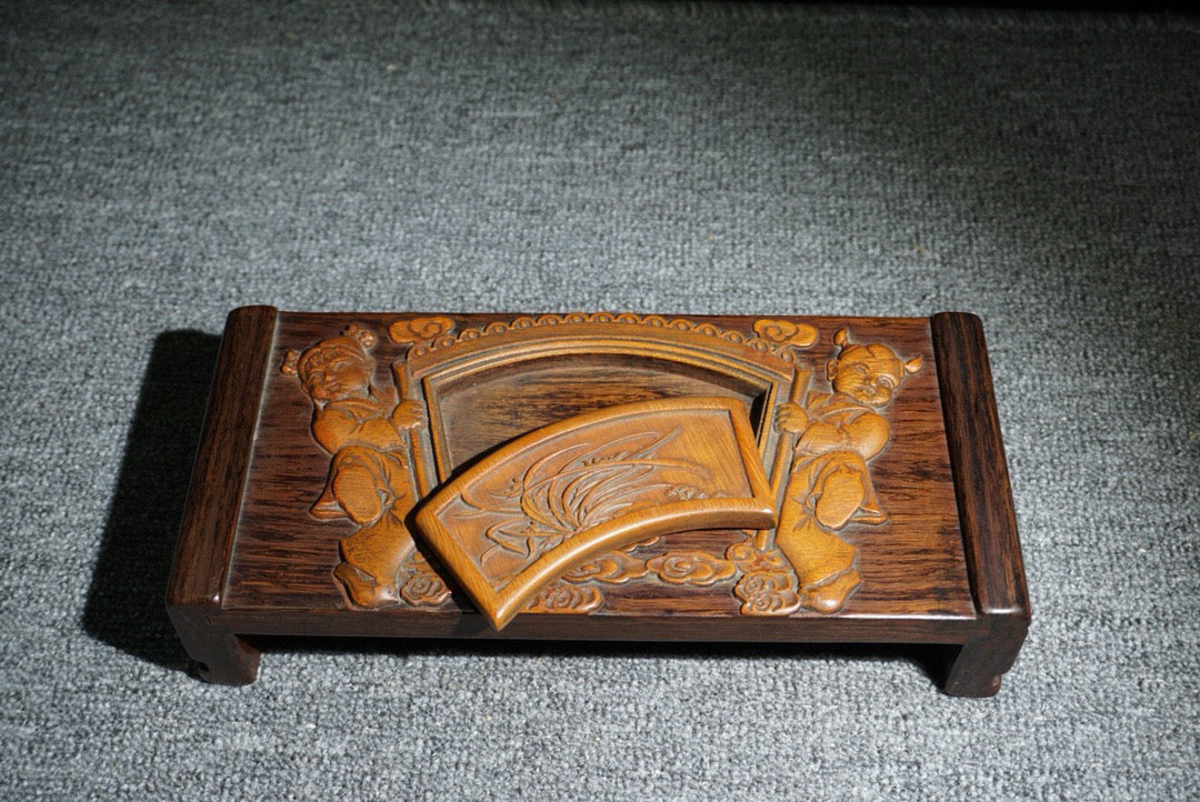Chinese antique ebony inlaid bamboo spring ink bed