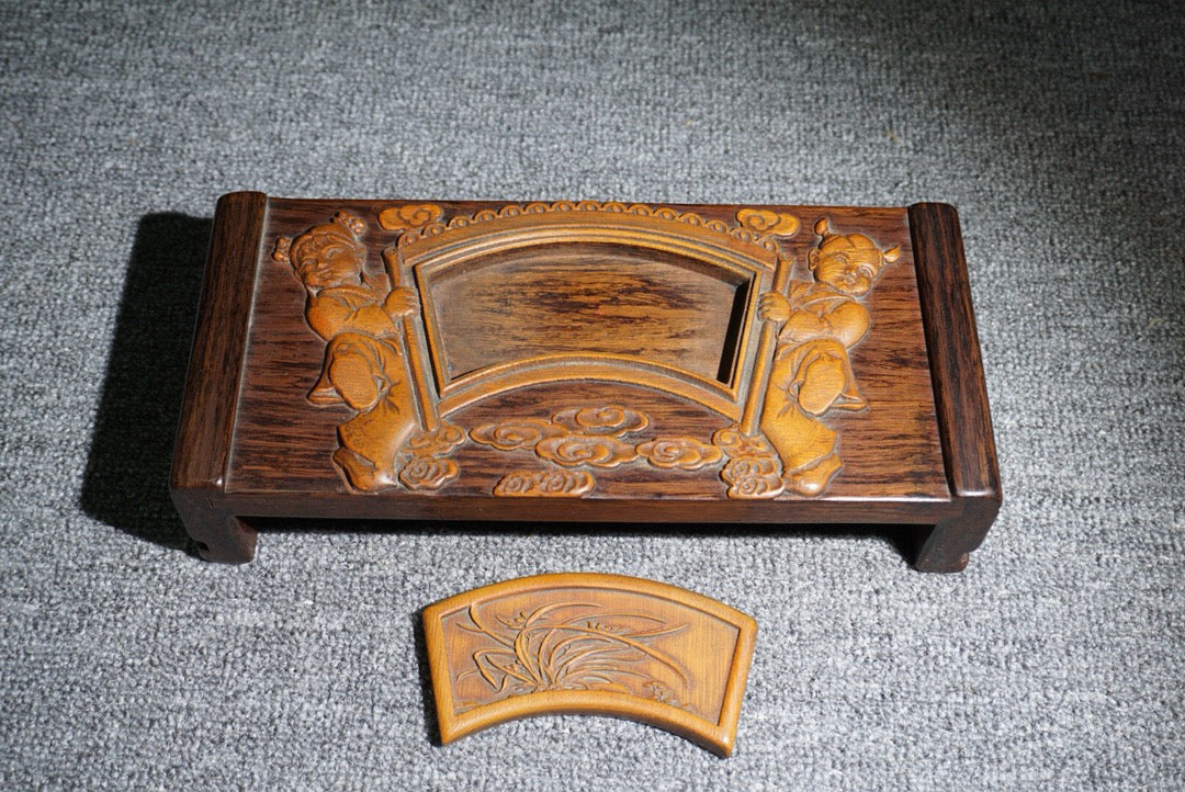 Chinese antique ebony inlaid bamboo spring ink bed
