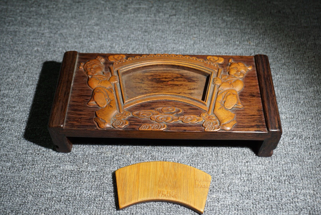 Chinese antique ebony inlaid bamboo spring ink bed