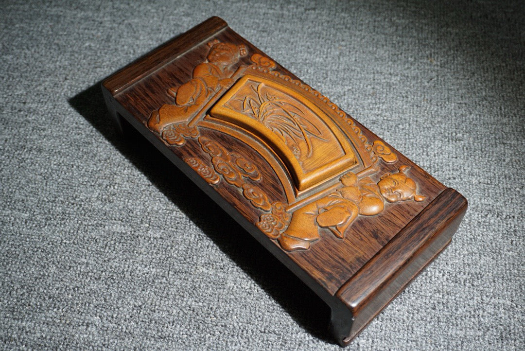 Chinese antique ebony inlaid bamboo spring ink bed