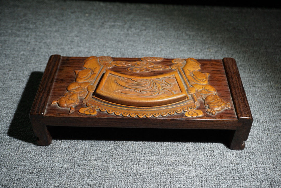 Chinese antique ebony inlaid bamboo spring ink bed