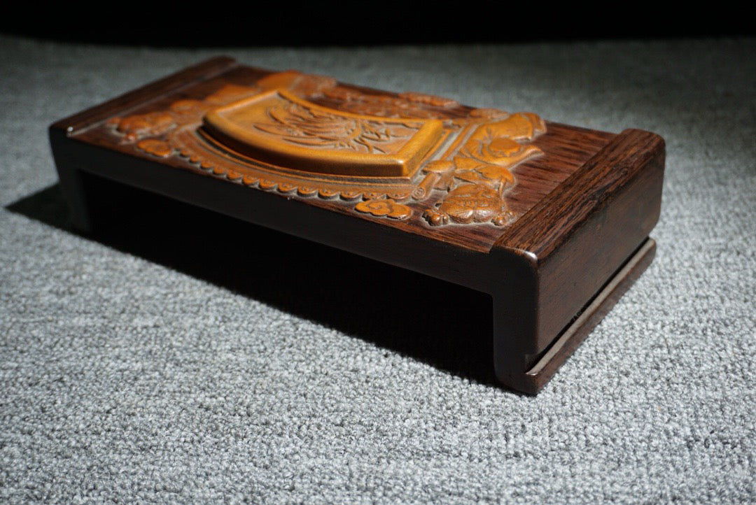 Chinese antique ebony inlaid bamboo spring ink bed