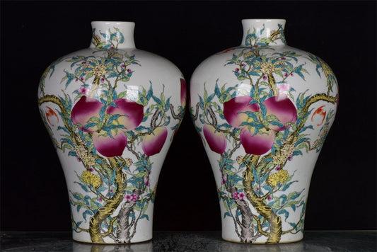 Chinese Antique Pink Nine Peach Plum Vase