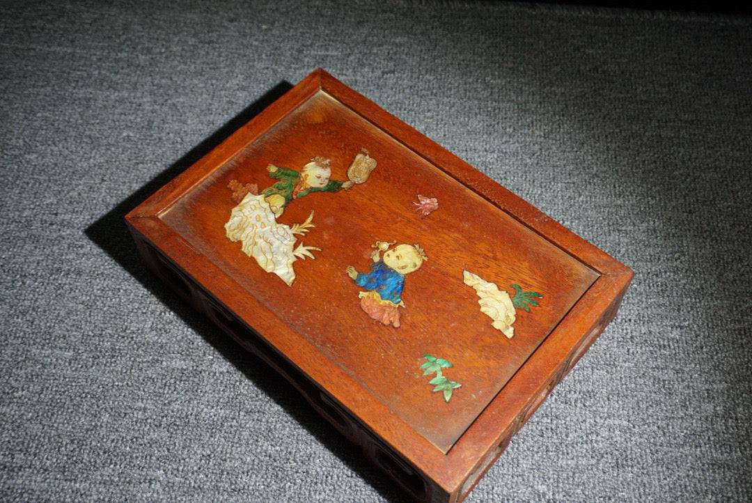 Chinese antique rosewood inlaid shell Fuwa small table