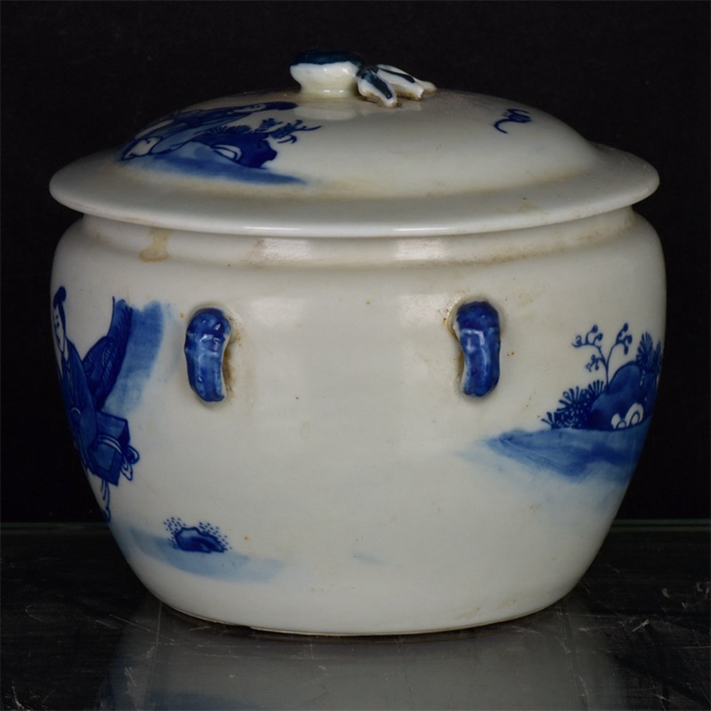 Chinese antique blue and white figure story pattern four series Congee jar lid