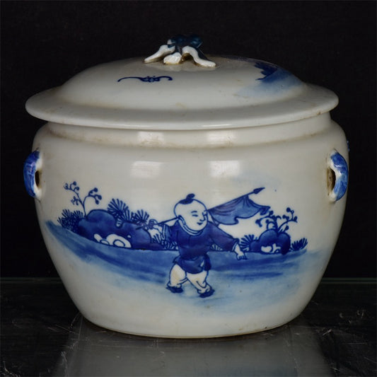 Chinese antique blue and white figure story pattern four series Congee jar lid