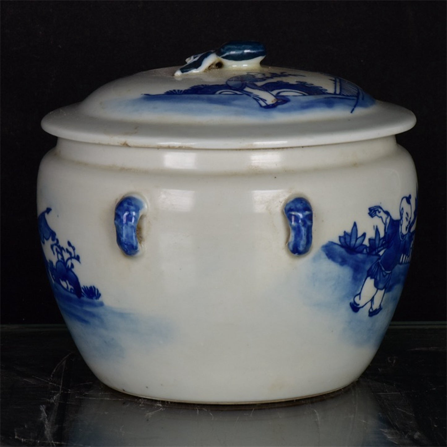 Chinese antique blue and white figure story pattern four series Congee jar lid