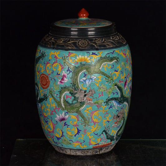Chinese antique green glazed dragon patterned lid jar
