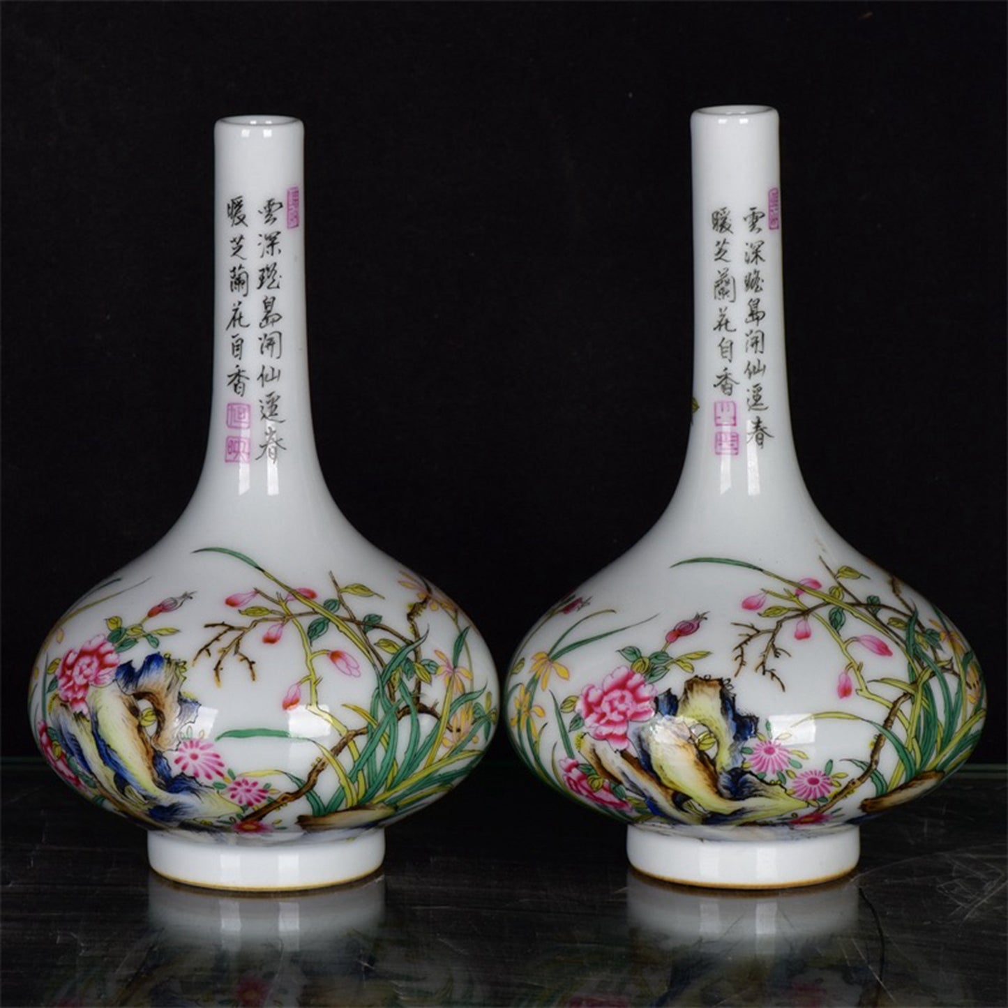 Chinese Antique Pink Flower and Bird Pattern Long Neck Bottle