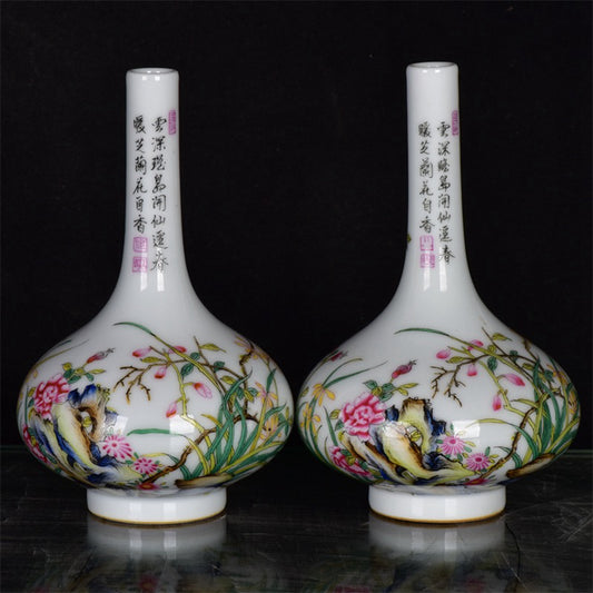 Chinese Antique Pink Flower and Bird Pattern Long Neck Bottle