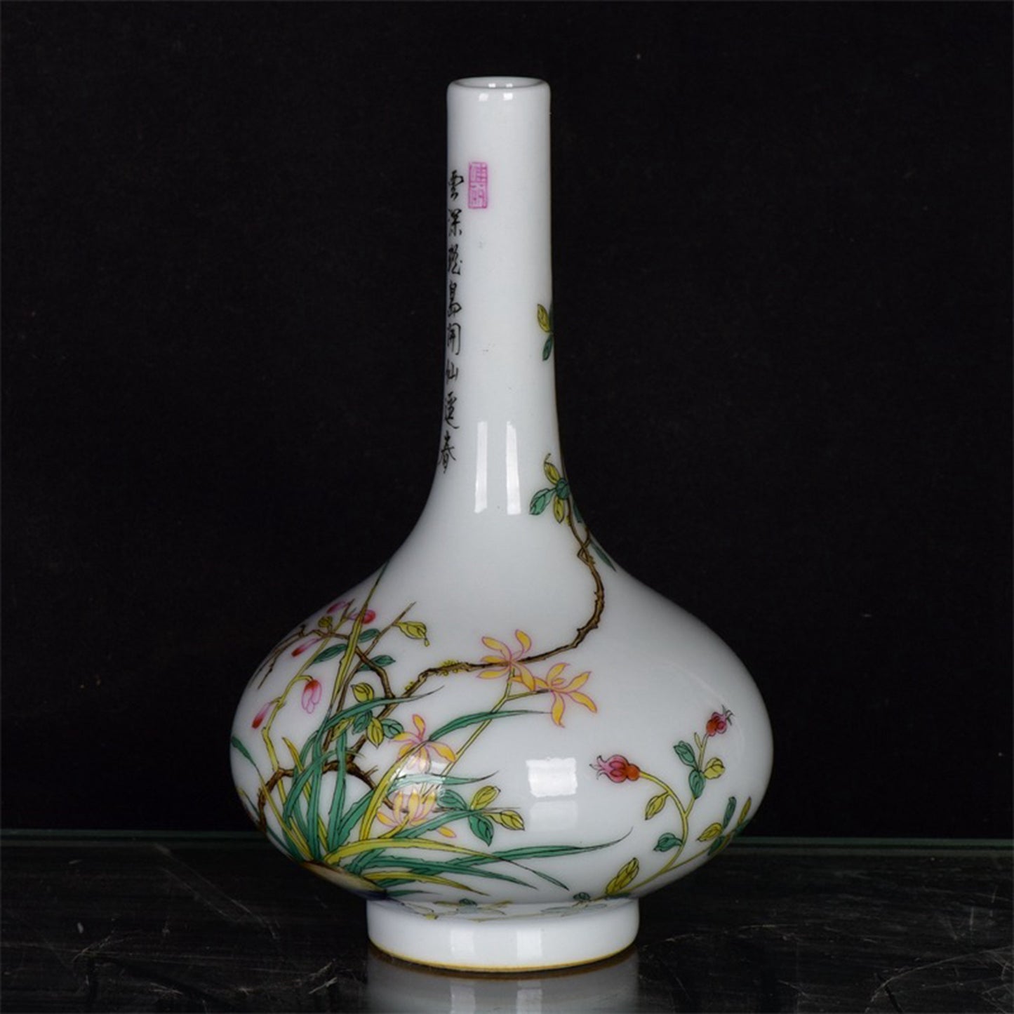 Chinese Antique Pink Flower and Bird Pattern Long Neck Bottle