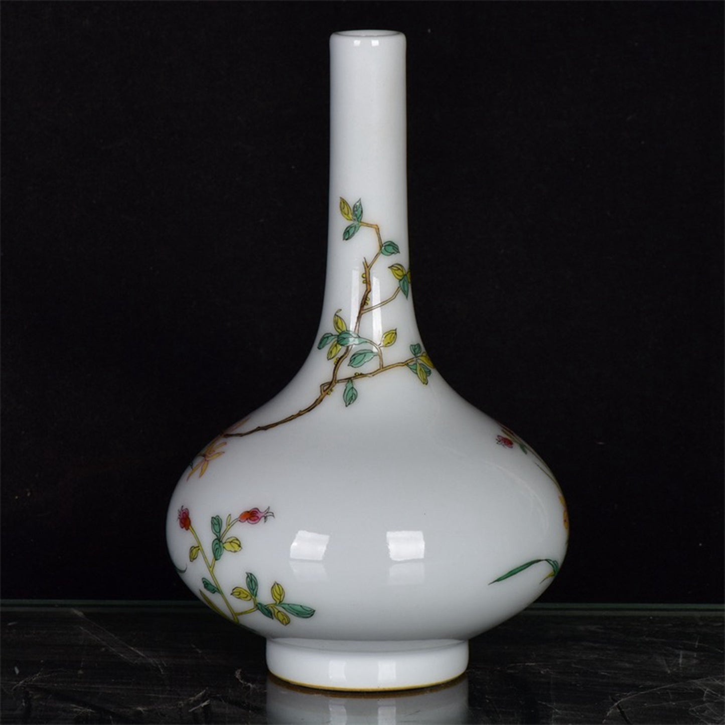 Chinese Antique Pink Flower and Bird Pattern Long Neck Bottle