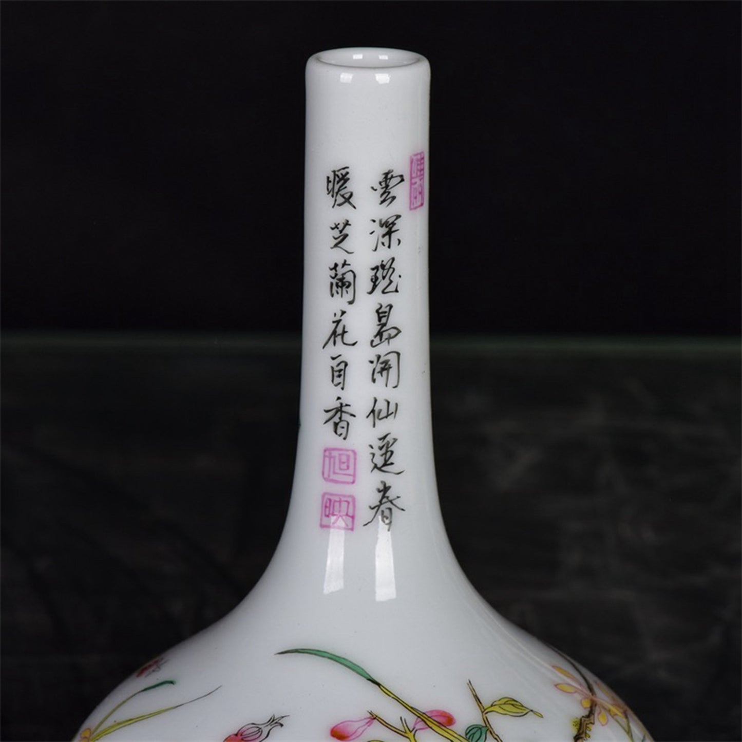 Chinese Antique Pink Flower and Bird Pattern Long Neck Bottle