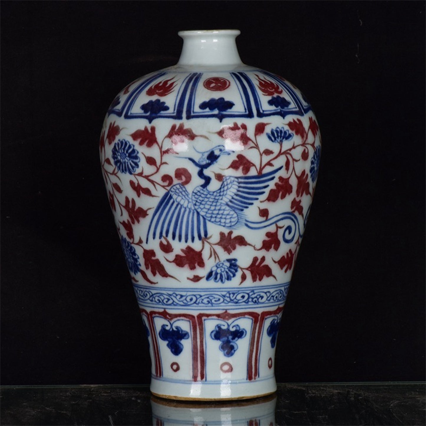 Chinese Antique Blue and White Glazed Red Entangled Branch Phoenix Pattern Plum Vase