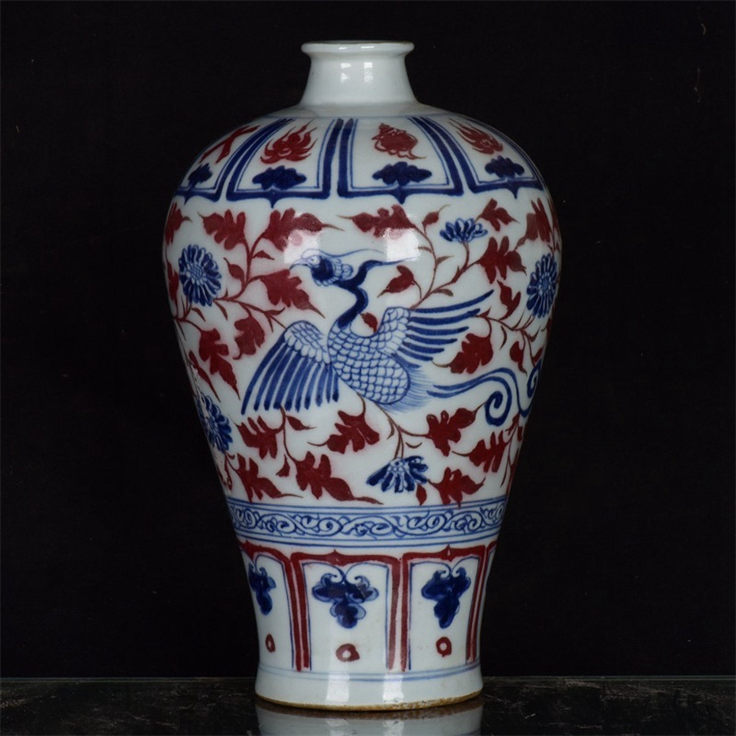Chinese Antique Blue and White Glazed Red Entangled Branch Phoenix Pattern Plum Vase