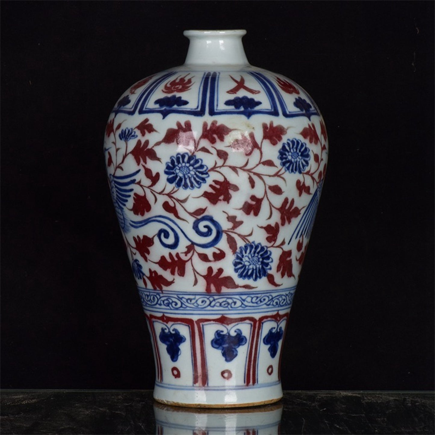 Chinese Antique Blue and White Glazed Red Entangled Branch Phoenix Pattern Plum Vase