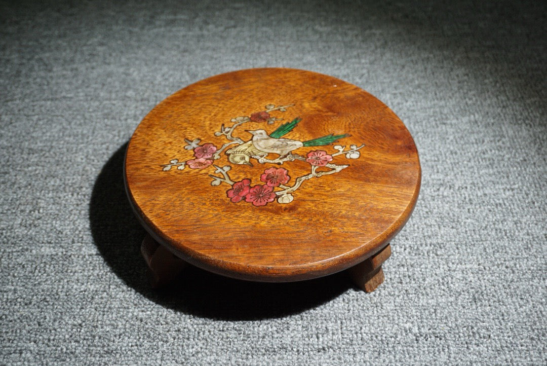 Chinese antique rosewood inlaid shell round base