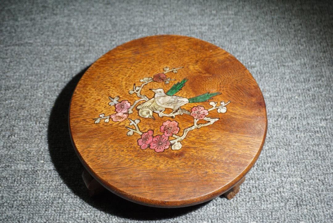 Chinese antique rosewood inlaid shell round base