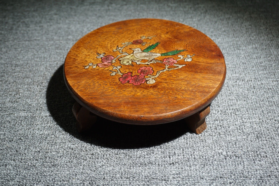 Chinese antique rosewood inlaid shell round base