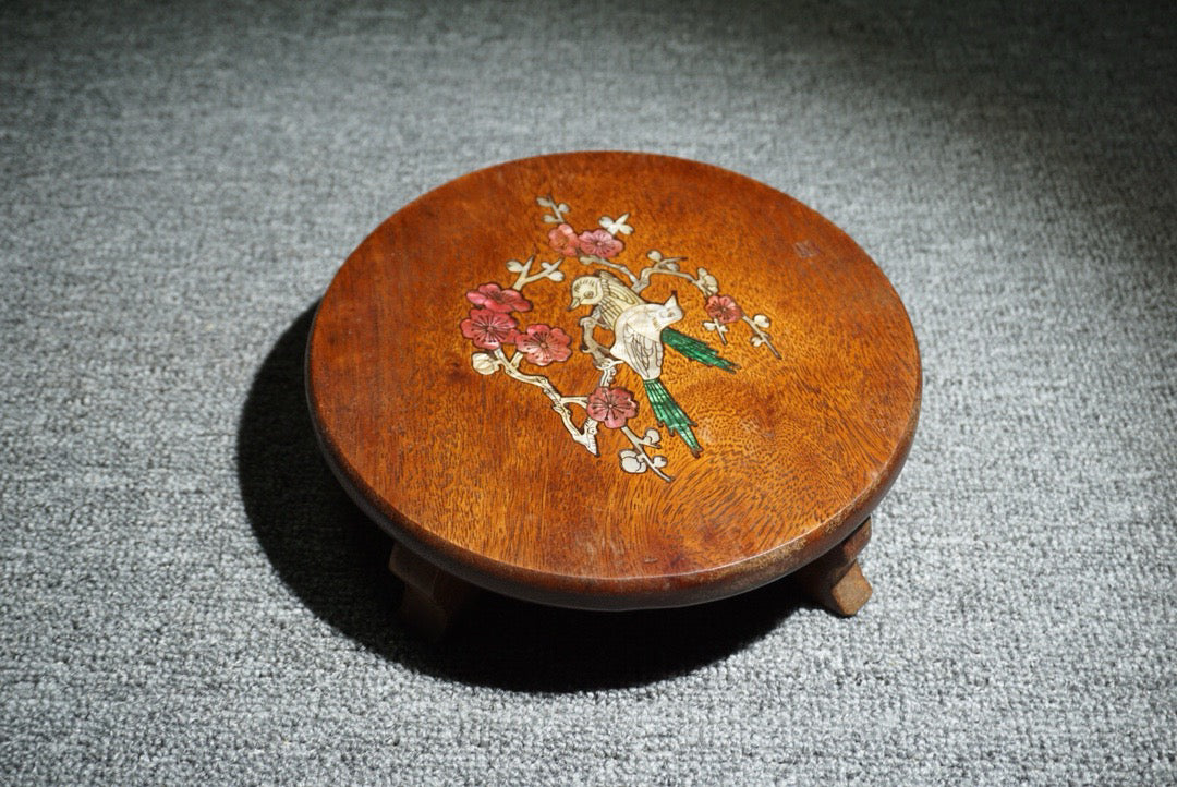 Chinese antique rosewood inlaid shell round base