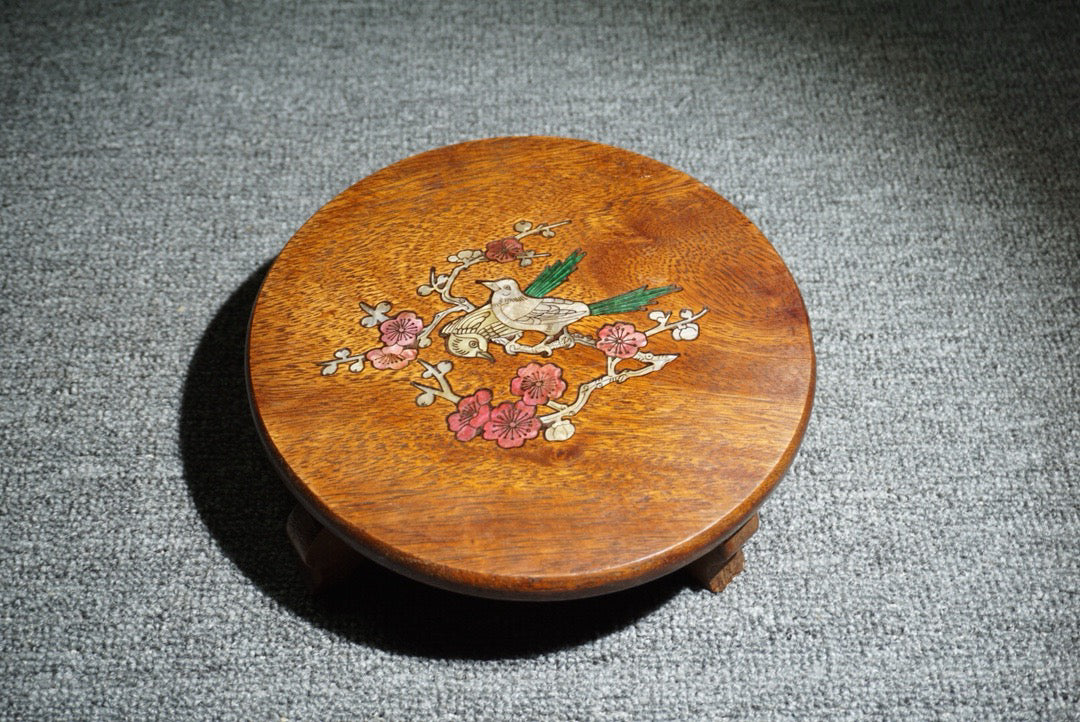 Chinese antique rosewood inlaid shell round base