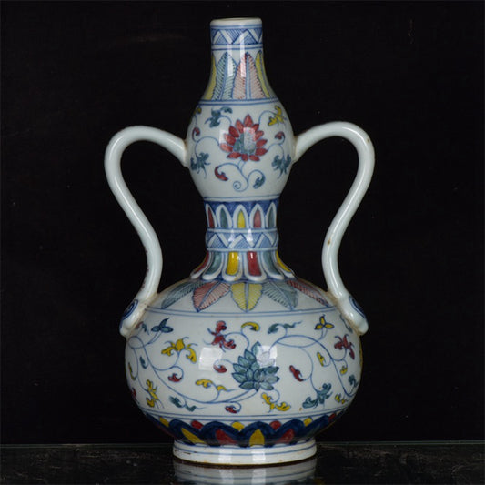 Chinese Antique Double Eared Gourd Bottle with Entangled Branches and Flower Patterns