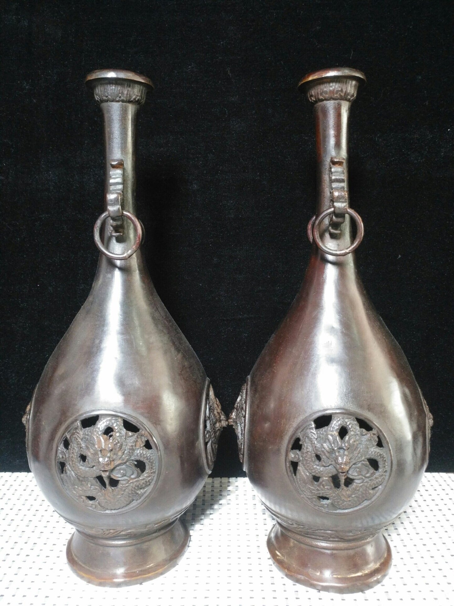 A pair of Chinese antique pure copper "Xianglong Playing with Pearl Vase"