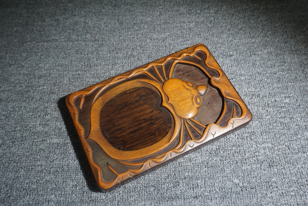 Chinese antique sandalwood inlaid bamboo spring inkstone