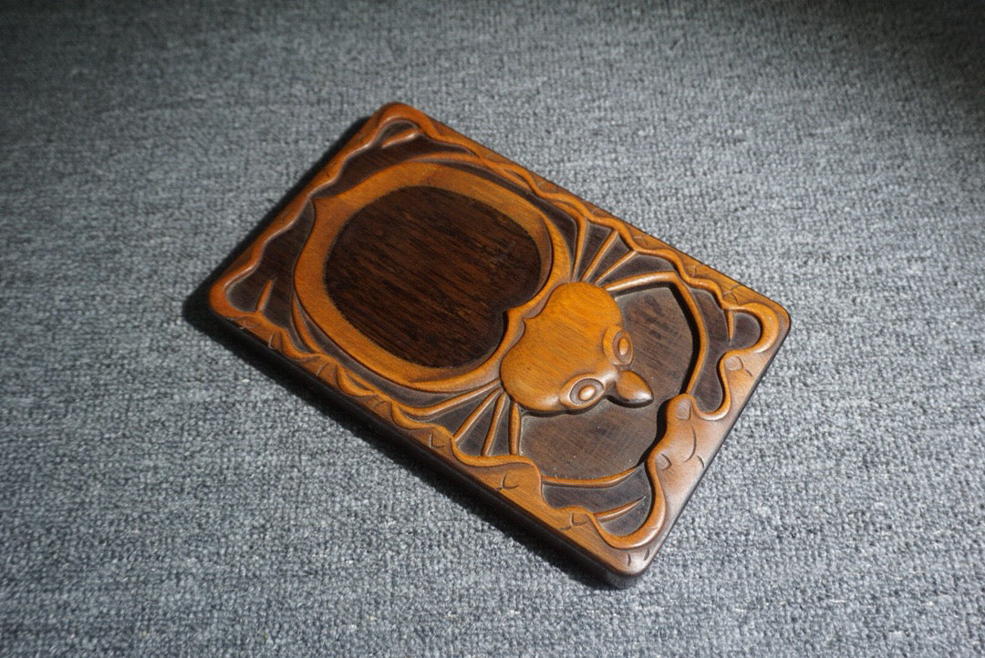 Chinese antique sandalwood inlaid bamboo spring inkstone