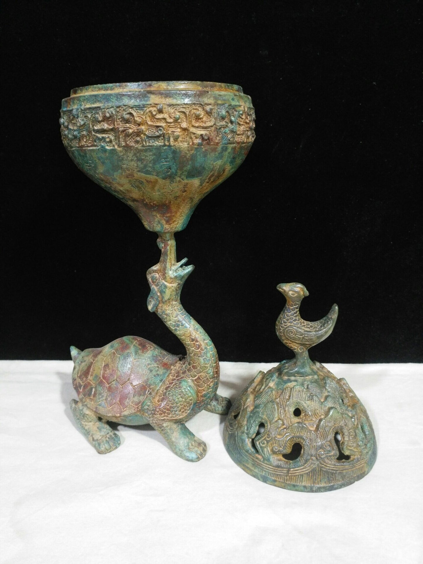 Chinese antique bronze [Dragon and Turtle Holding Boshan Stove]