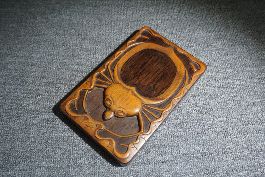 Chinese antique sandalwood inlaid bamboo spring inkstone