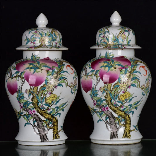 Chinese Antique Pink Nine Peach Five Blessing Pattern General Jar