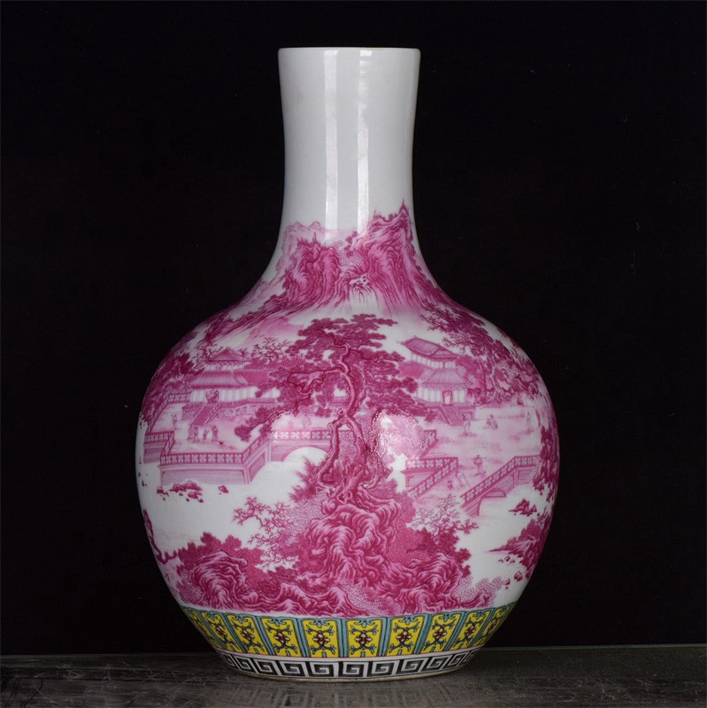 Chinese antique rouge red glazed embroidered mountain and river patterned celestial sphere vase