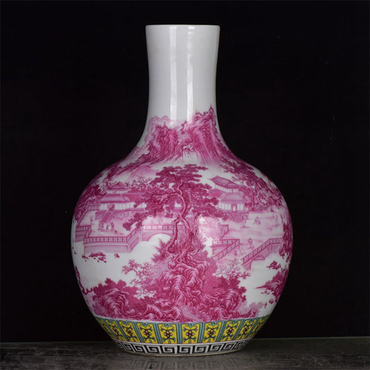 Chinese antique rouge red glazed embroidered mountain and river patterned celestial sphere vase