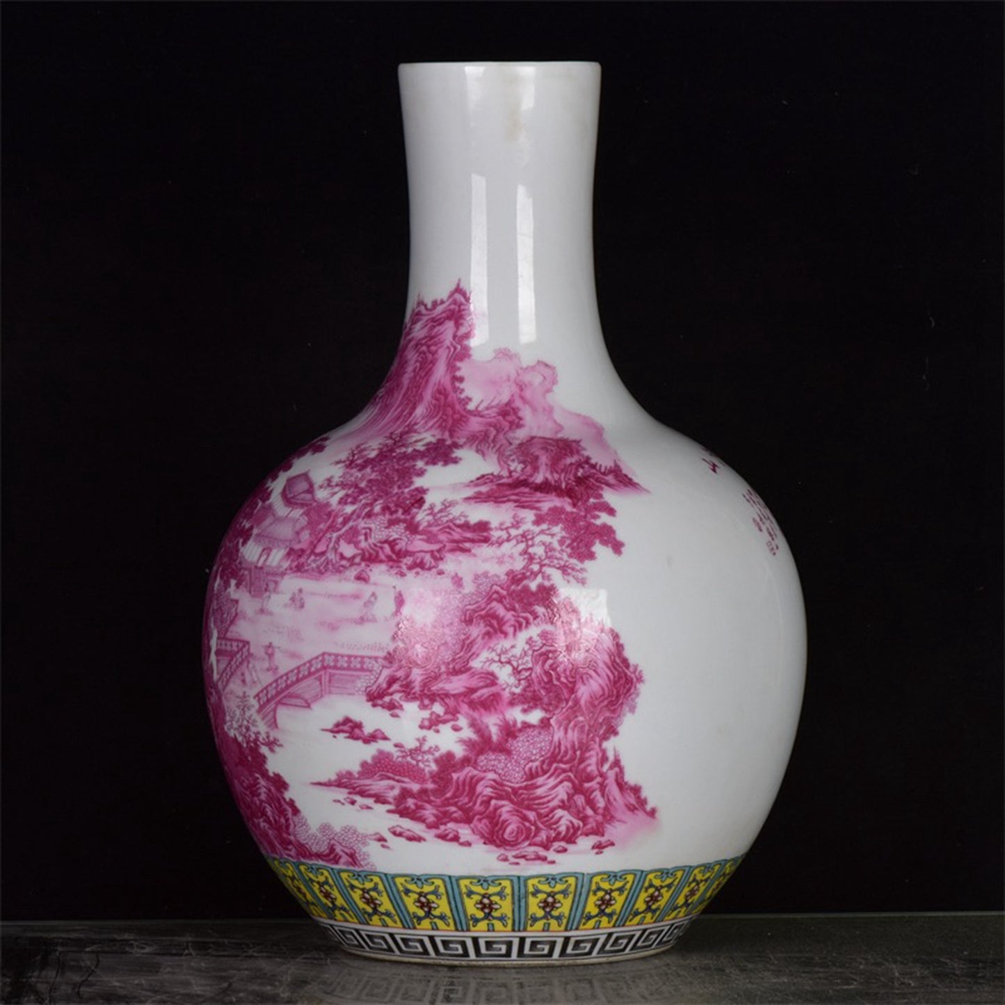 Chinese antique rouge red glazed embroidered mountain and river patterned celestial sphere vase