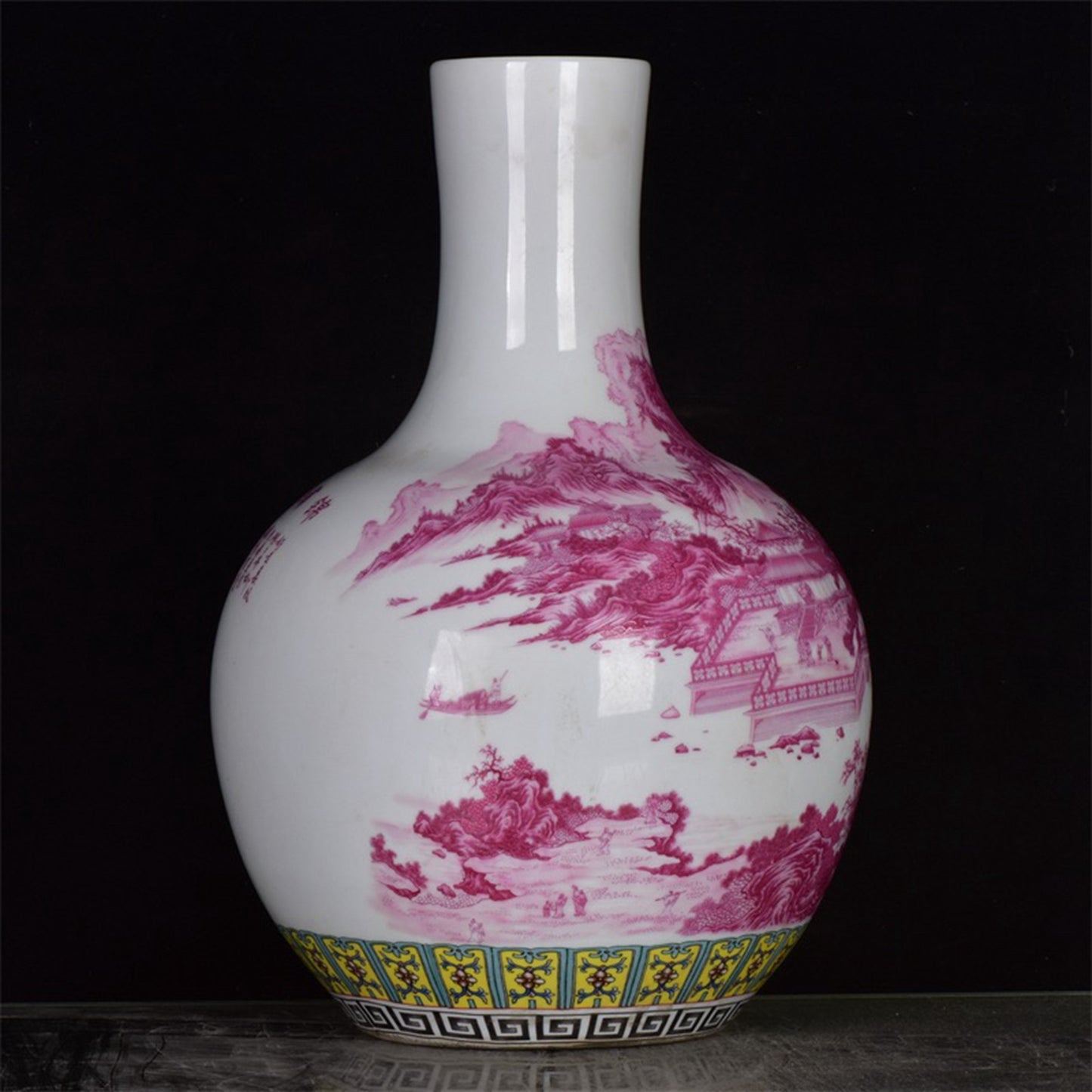 Chinese antique rouge red glazed embroidered mountain and river patterned celestial sphere vase