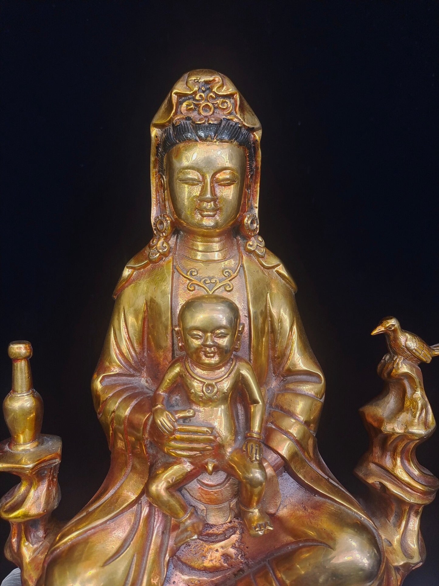Chinese antique pure copper "Guanyin Sending off Son"