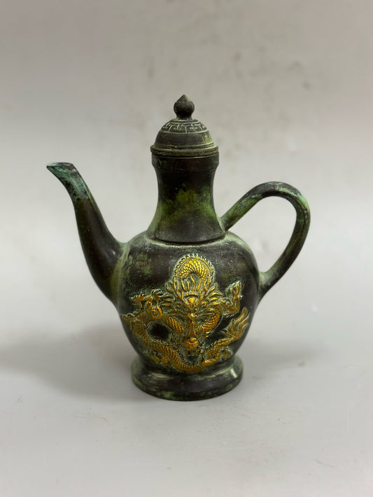 Pure copper antique gilded dragon and phoenix teapot
