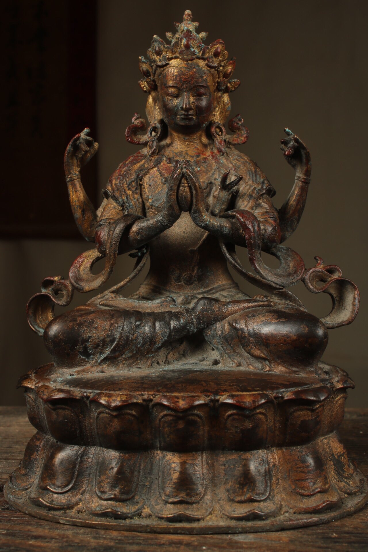 Chinese antique pure copper four armed Guanyin