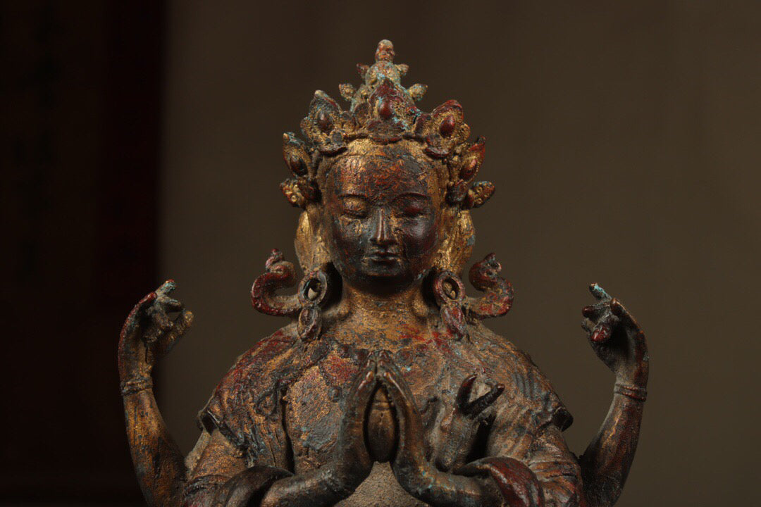 Chinese antique pure copper four armed Guanyin