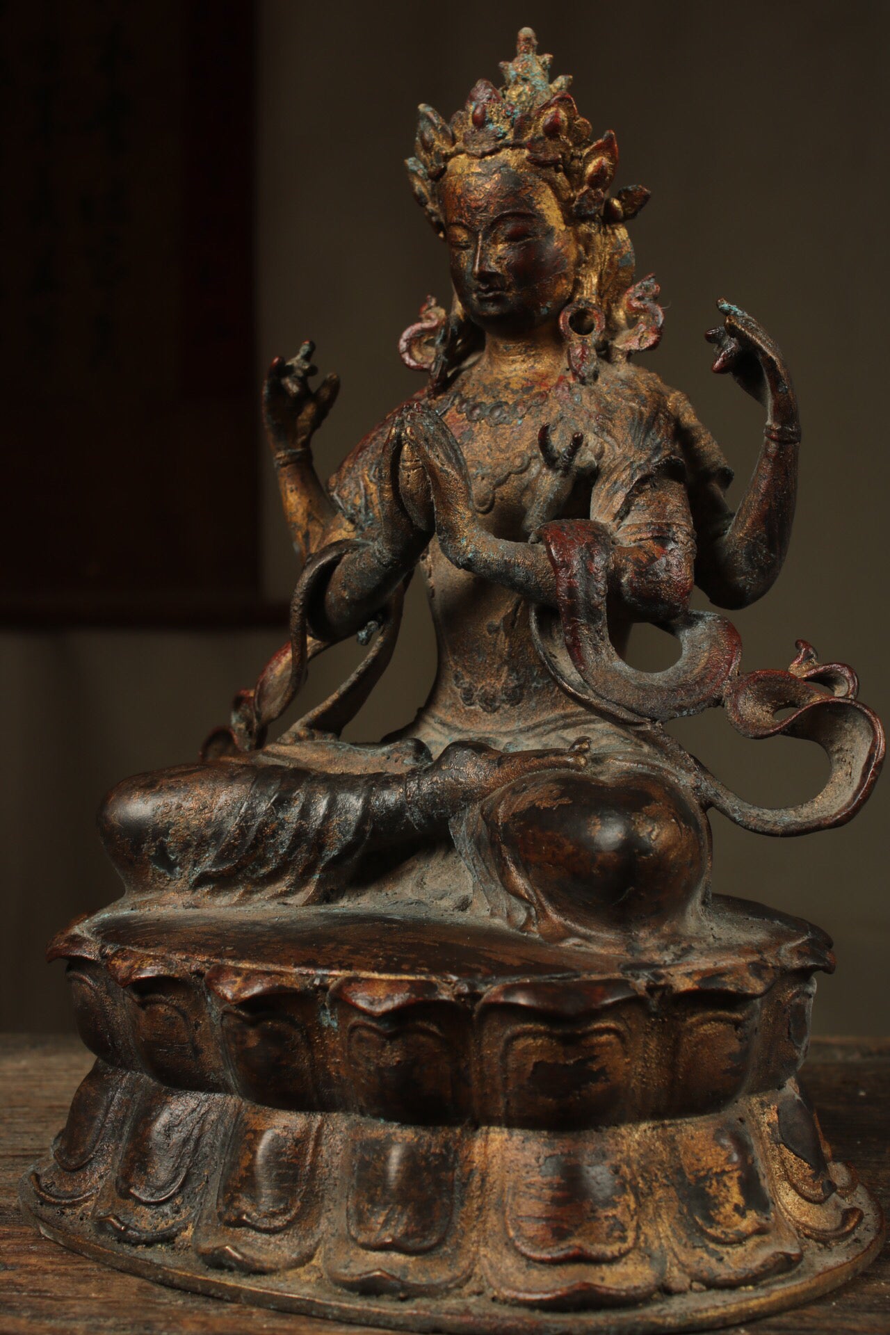 Chinese antique pure copper four armed Guanyin