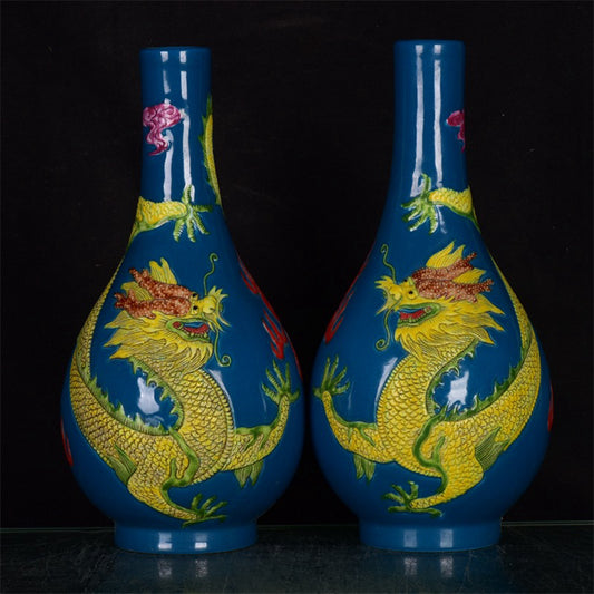 Chinese antique dragon patterned long neck relief bottle