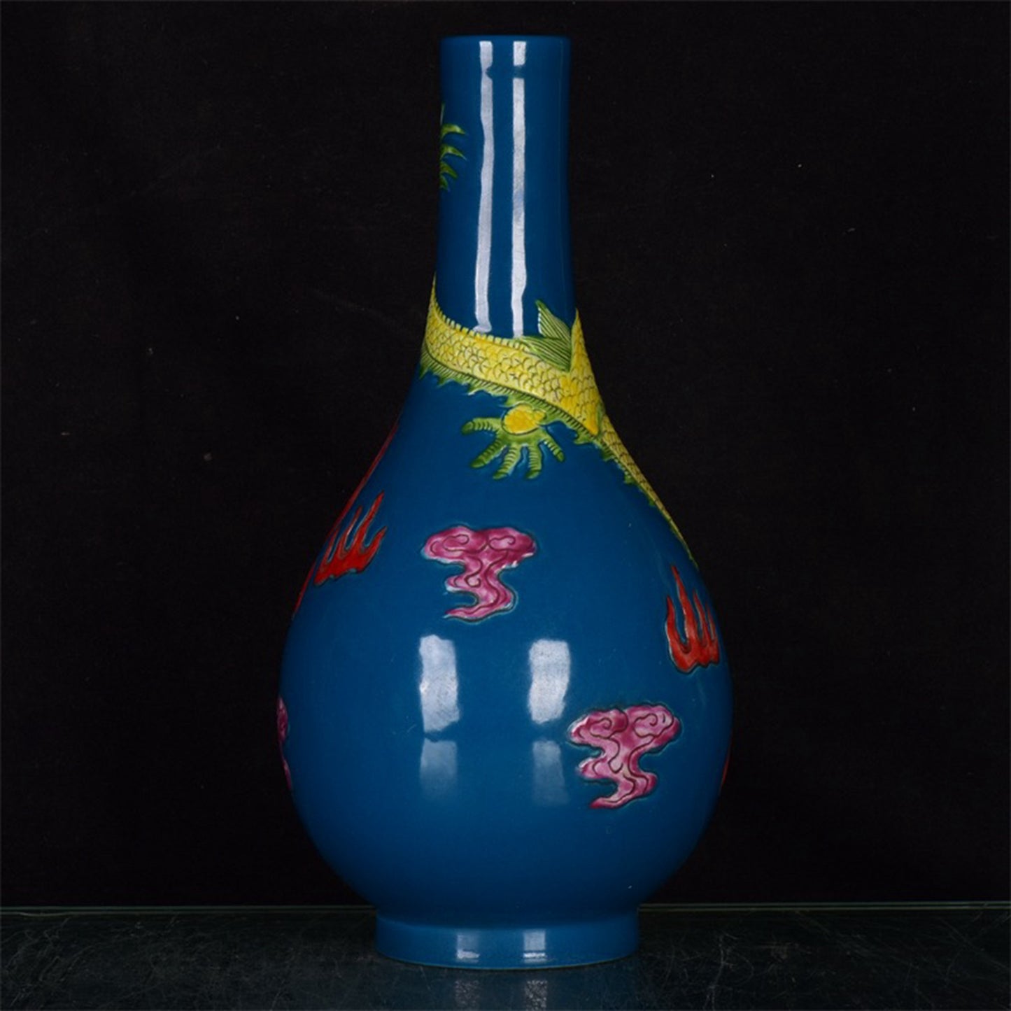 Chinese antique dragon patterned long neck relief bottle